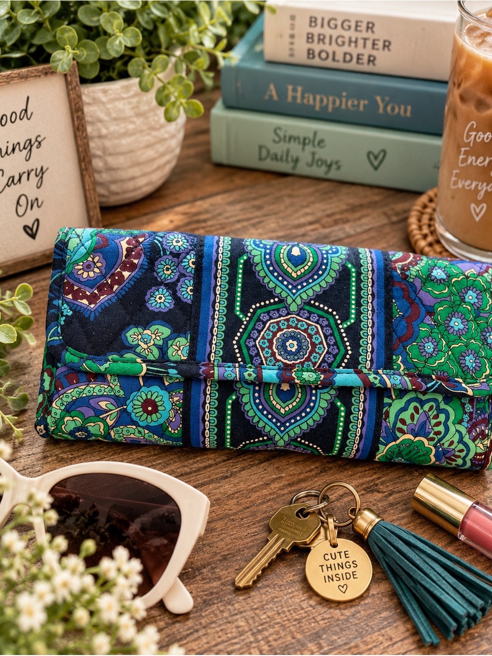 Vera Bradley Retired Rhapsody Blue Green Quilted Tri Fold Magnetic Wallet